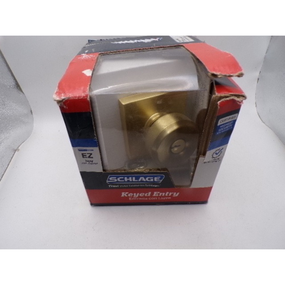 Schlage Keyed Entry Door Knob Satin Brass Square Rose Modern Security‎ Lock New